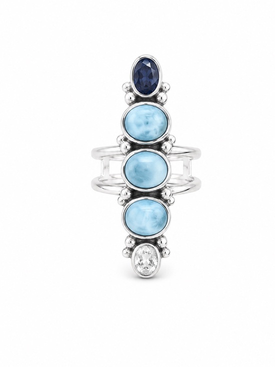 Venus and Vulcan Jewelry - Larimar, Clear Quartz, and Iolite Ring (S925)